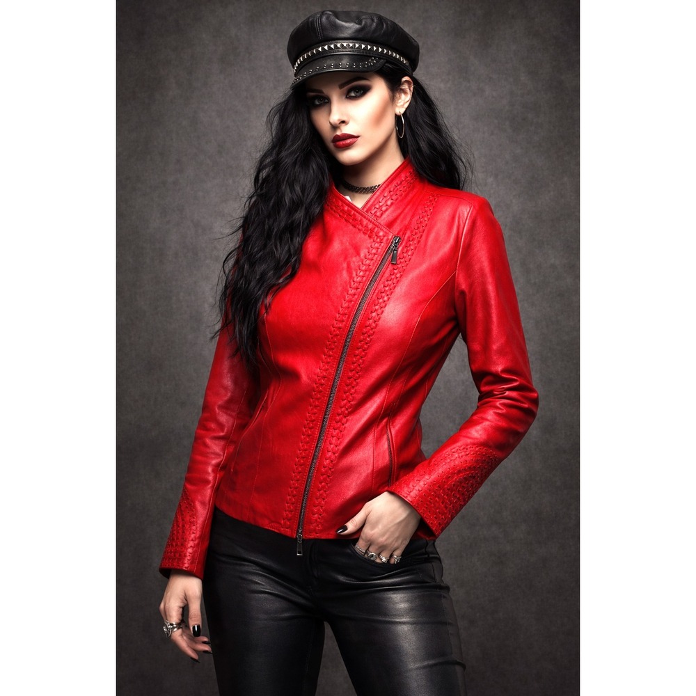 Gorgeous Red Leather Jacket Womens Small Asymmetrical Zip Biker Rocker Argentina